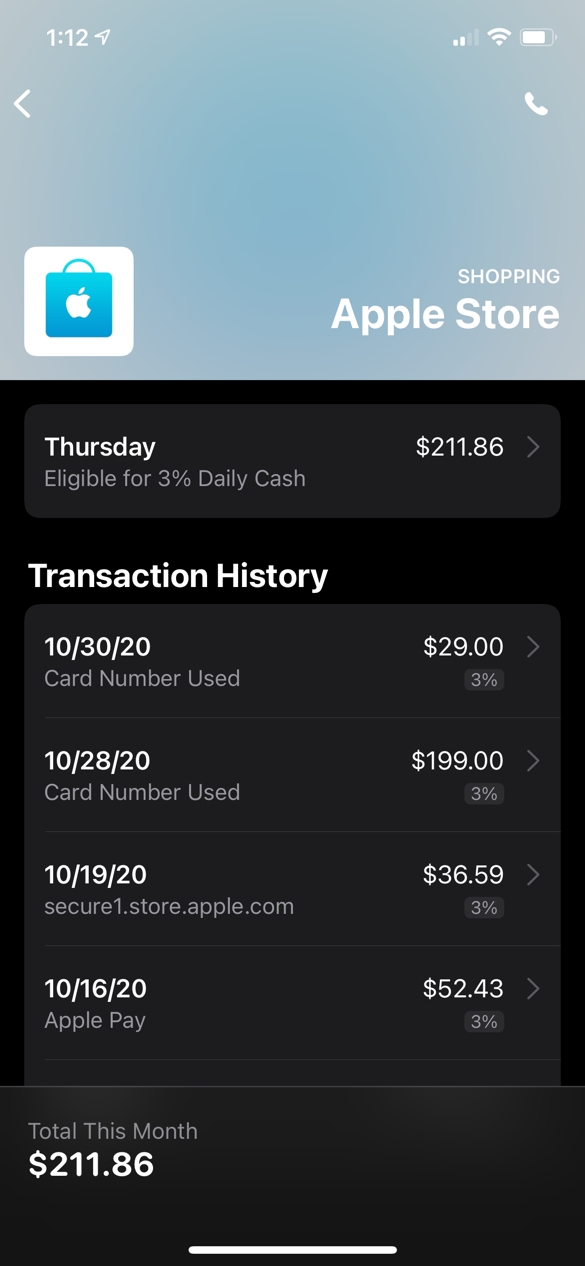 Apple Card allows you to see all of the transactions for a particular merchant.
