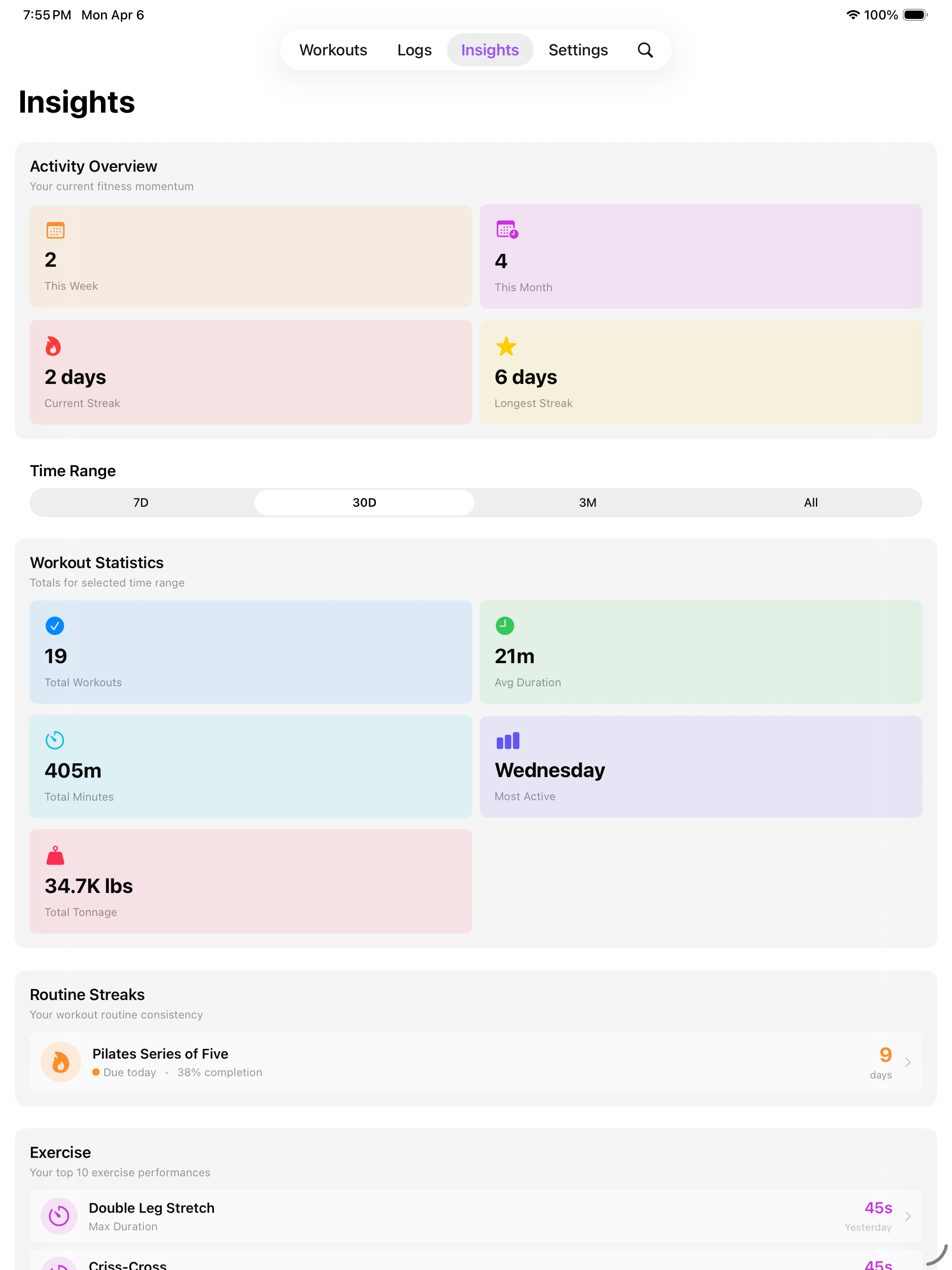 Exercise insights overview on iPad