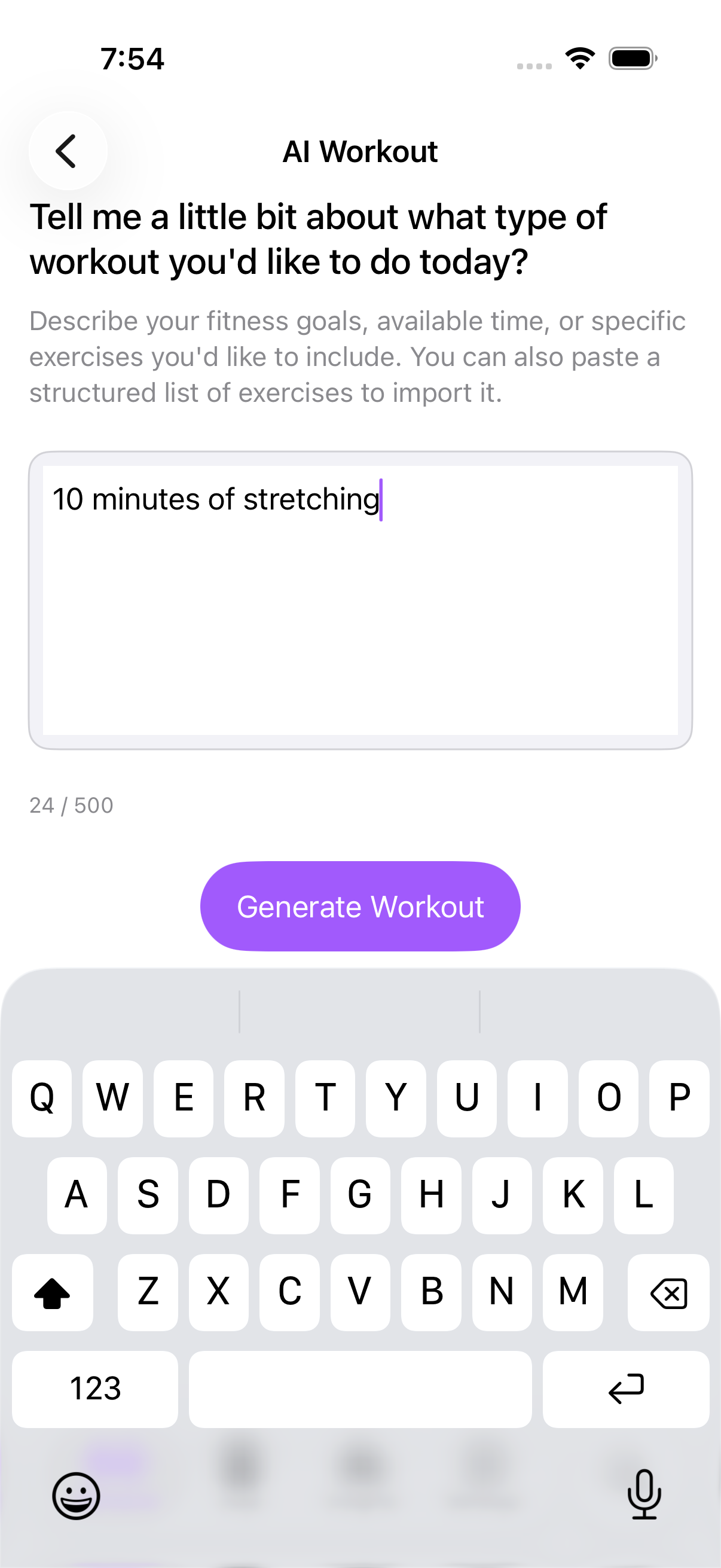 Exercise AI workout generation screen on iPhone