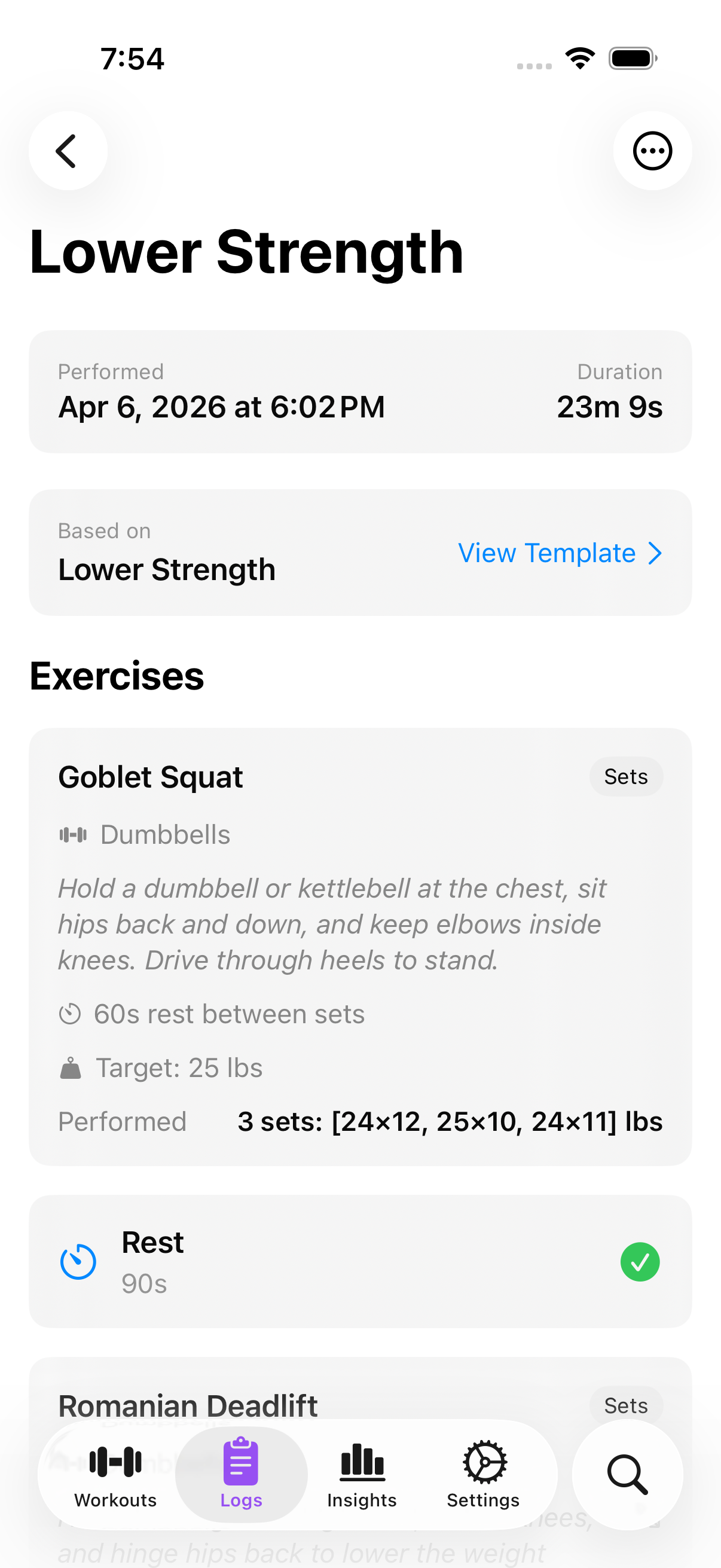 Exercise workout detail screen showing completed exercise information