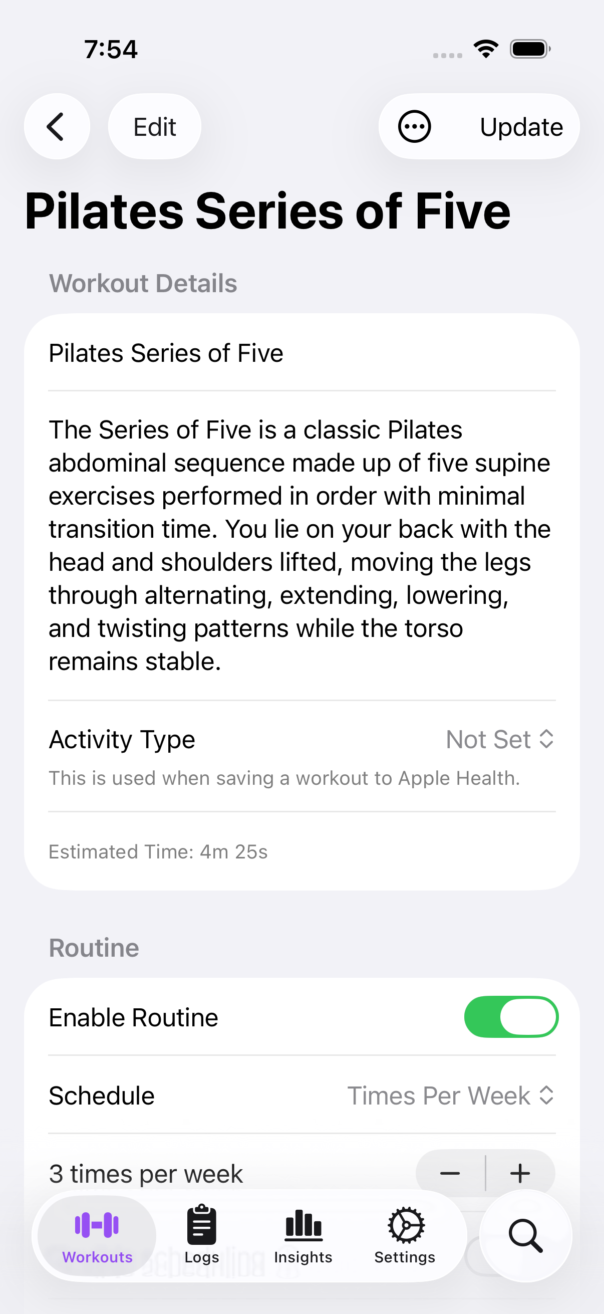 Exercise workout edit screen with workout step configuration