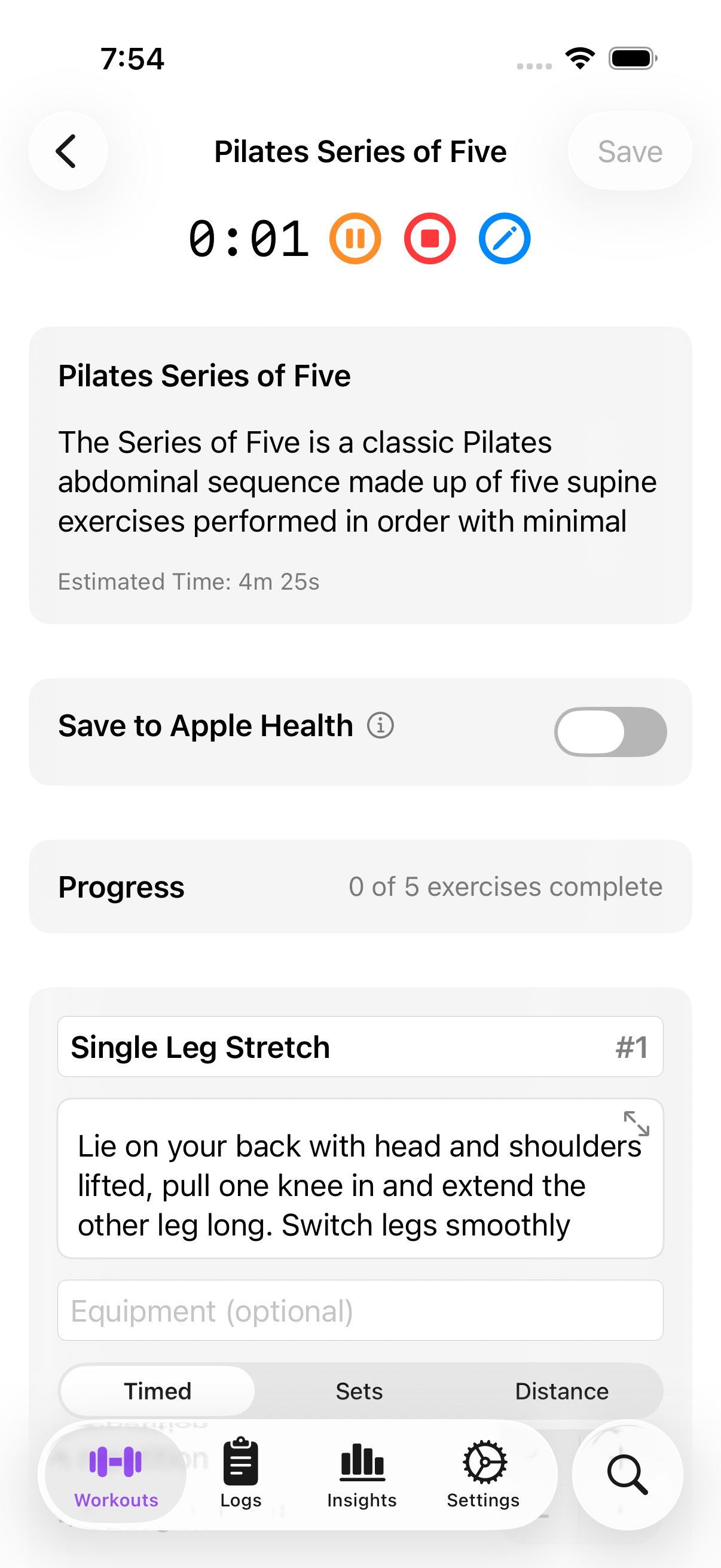 Exercise workout logging screen showing an active workout