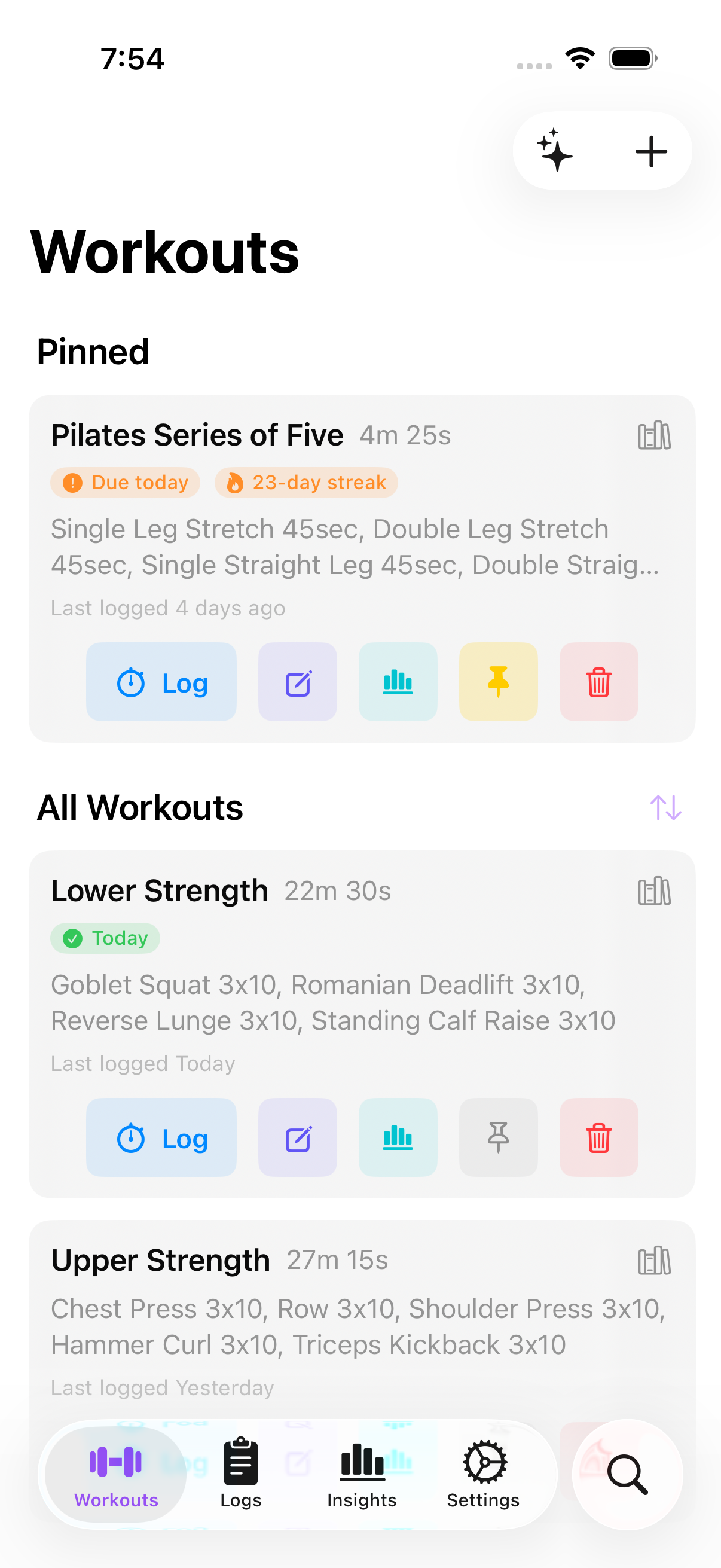 Exercise workouts screen on iPhone