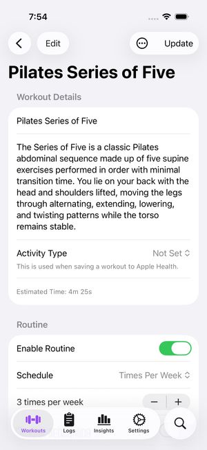 Exercise workout edit screen with workout step configuration