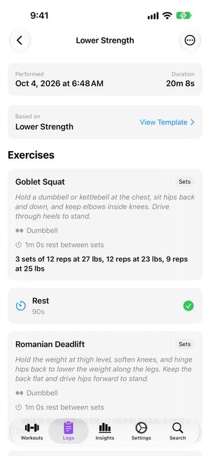 Finished workout log listing each set's reps and weight