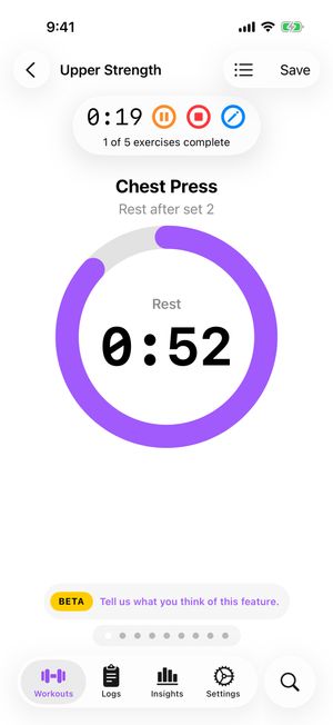 Workout Mode showing a full-screen rest countdown ring for Chest Press