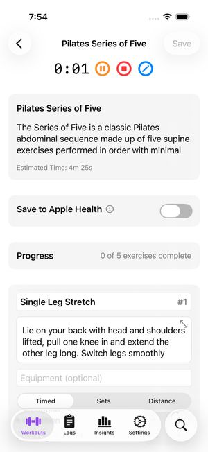 Exercise workout logging screen showing an active workout