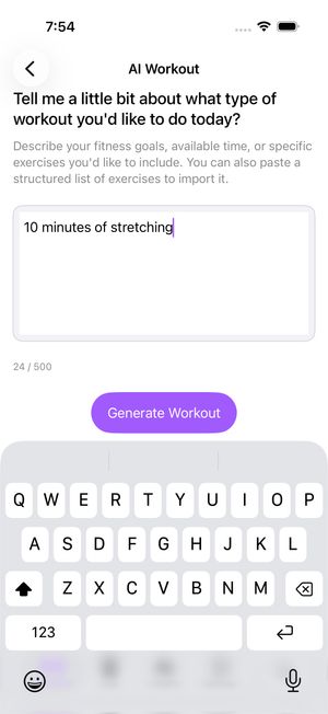 Exercise AI workout generation screen on iPhone