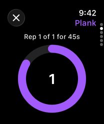 Timed plank exercise running on Apple Watch