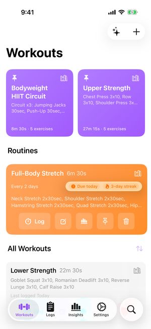 Exercise workouts screen on iPhone