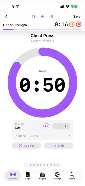 Workout Mode showing a full-screen rest countdown ring for Chest Press, with dumbbell weight controls below