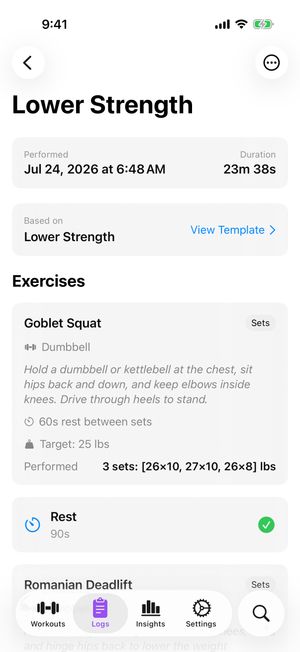 Workout log detail with exercise-level history