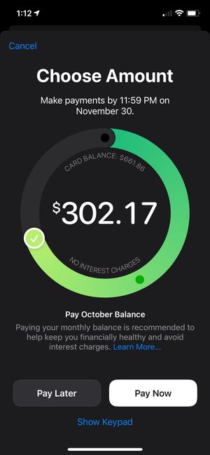 Apple Card payments are easy and clear with a clever circular control for derterming how much to pay.