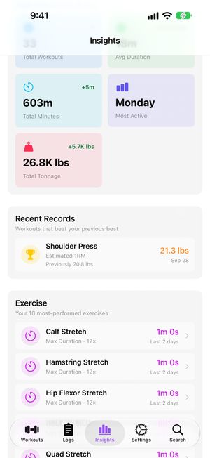 Workout Statistics compared with the previous period, above a Recent Records list